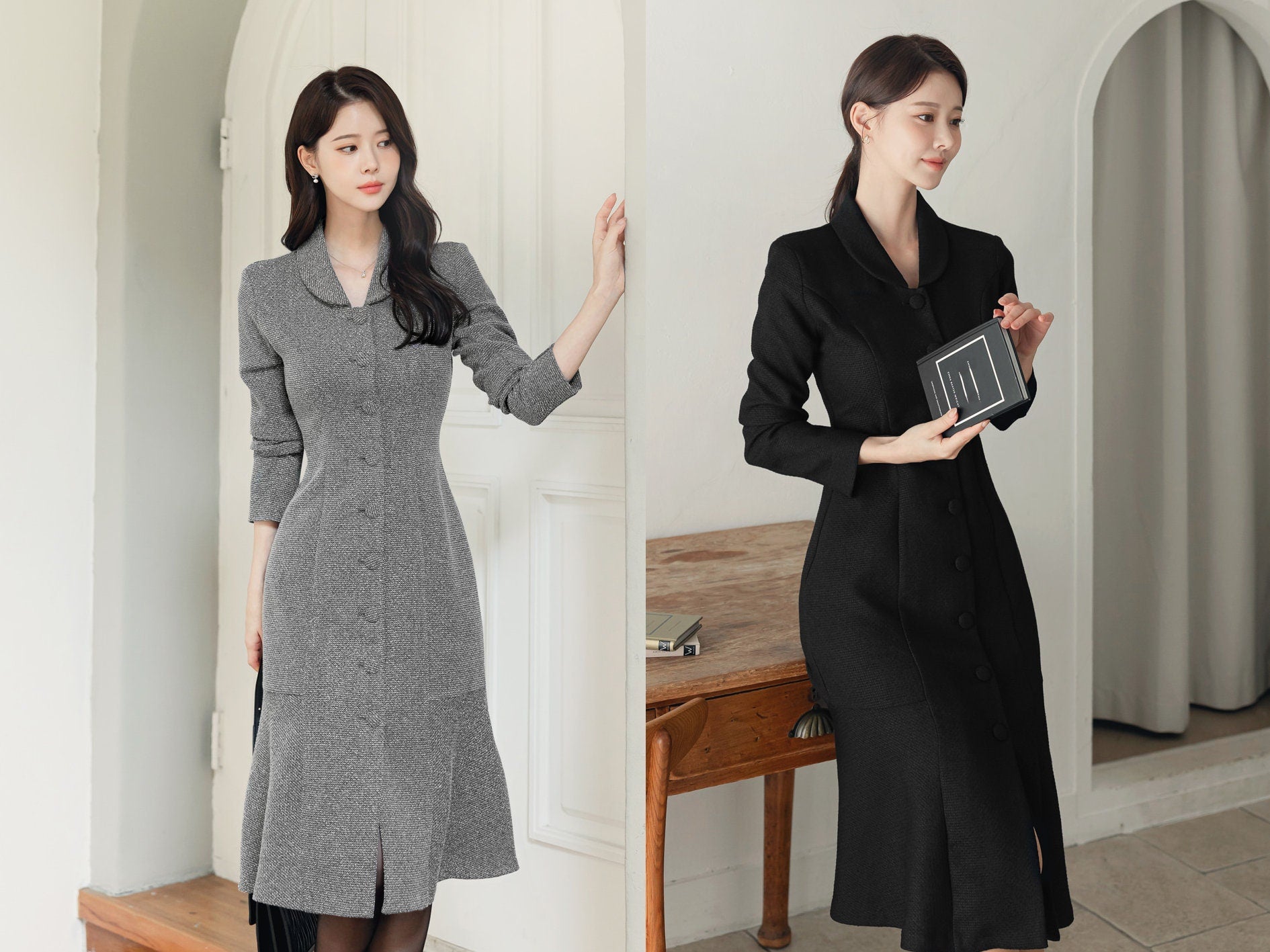 Elegant Feminin Single Button Midi Dress / Korean Style Long Sleeve Mermaid Dress / Modern Chic Midi Dress / Jacket Dress