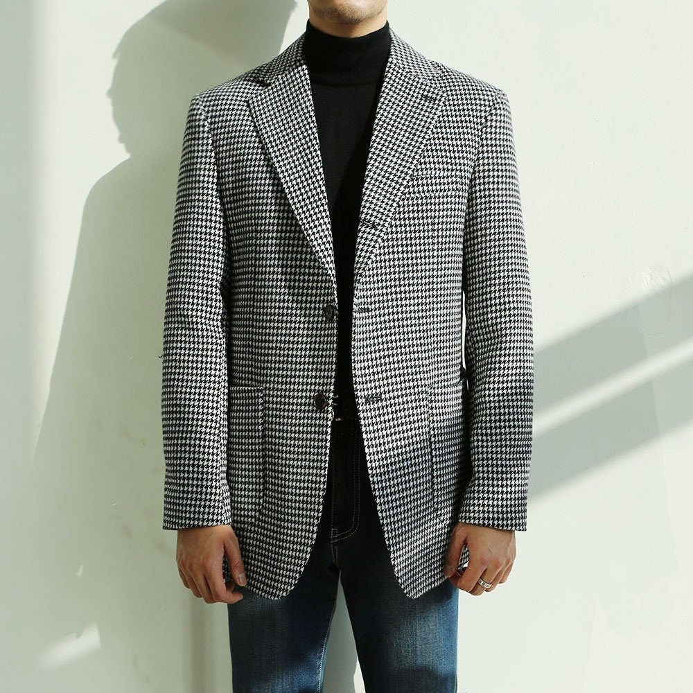 Classic Men's Wool Blend Single Sports Jacket / 3roll 2button Tailored Blazer Single Breasted Houndstooth Jacket