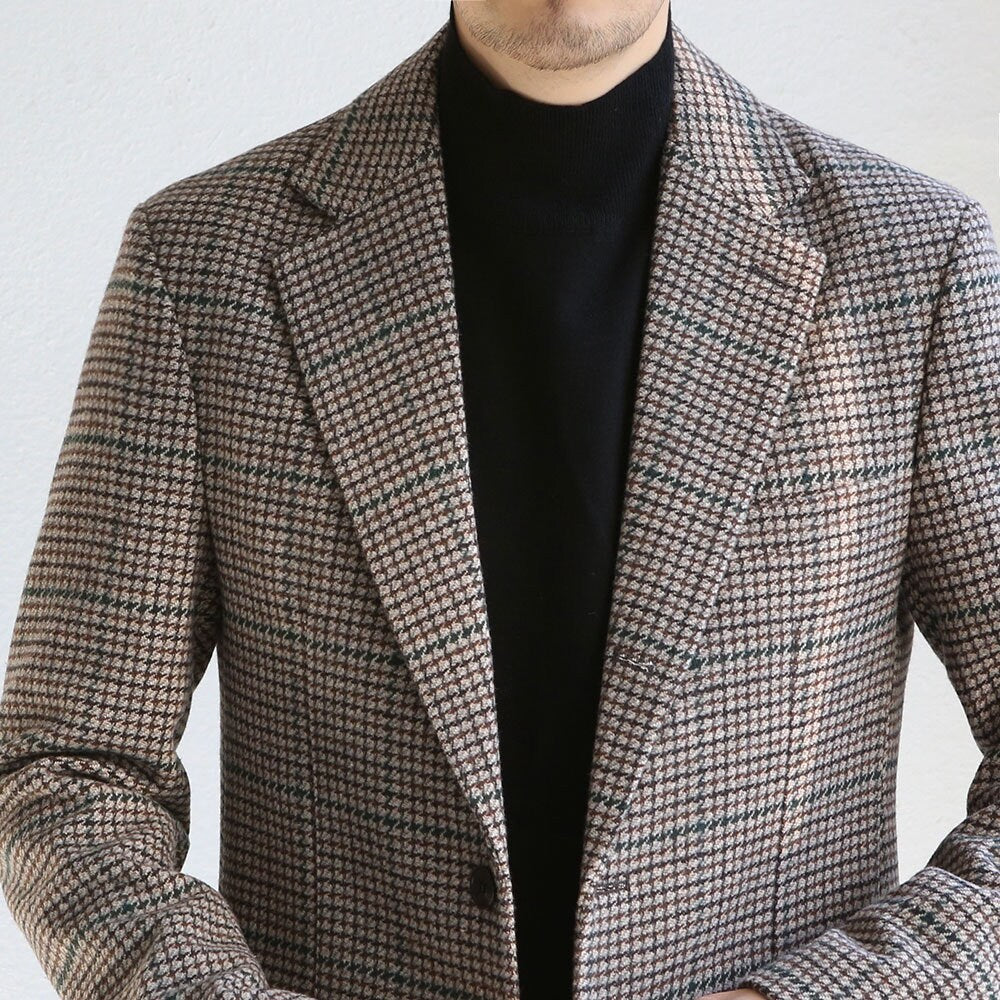 Classic Men's Wool Blend Tweed Single Suit Jacket / 3roll 2button Tailored Blazer Single Breasted Houndstooth Jacket