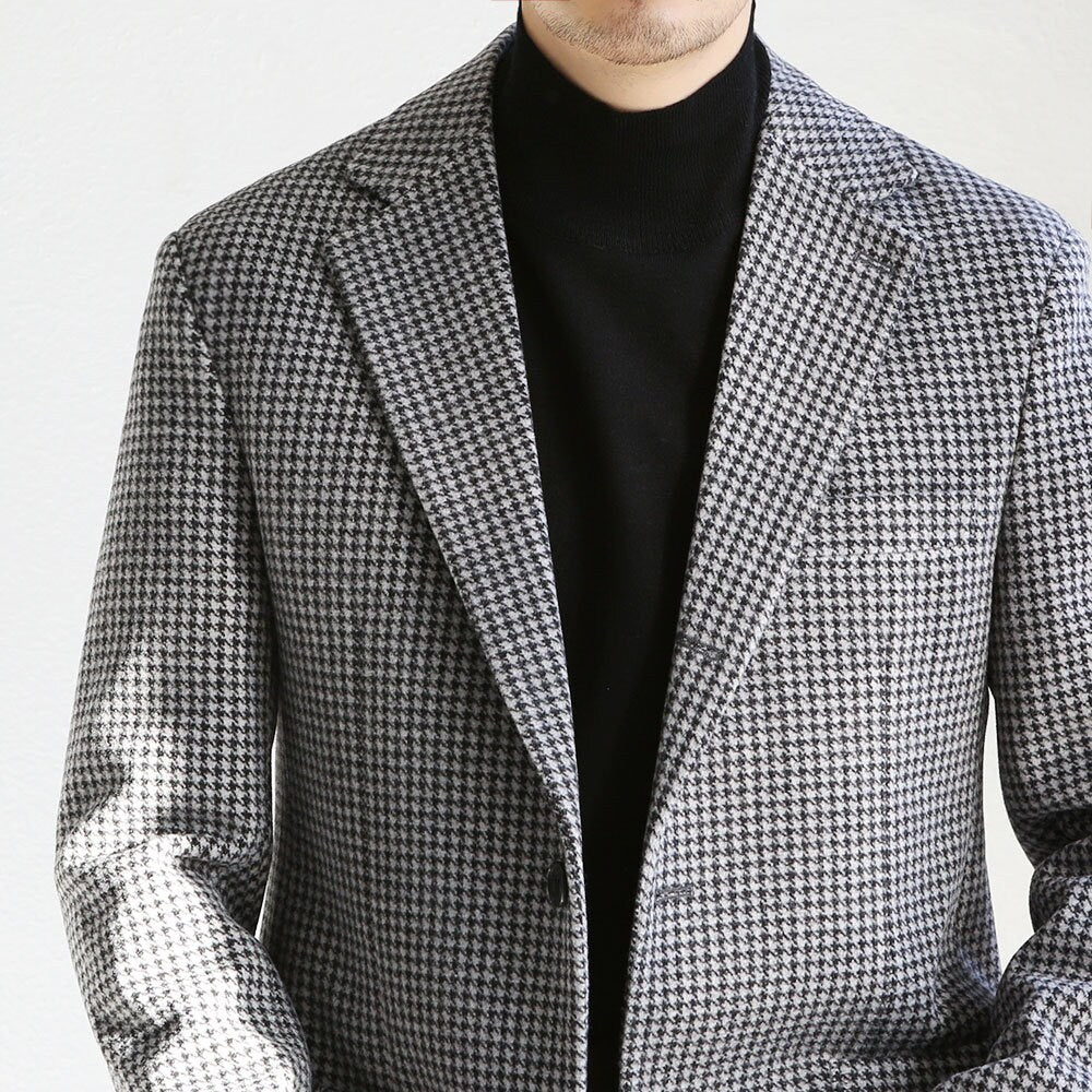 Classic Men's Wool Blend Single Suit Jacket in Light Gray Color / 3roll 2button Tailored Blazer Single Breasted Houndstooth Jacket