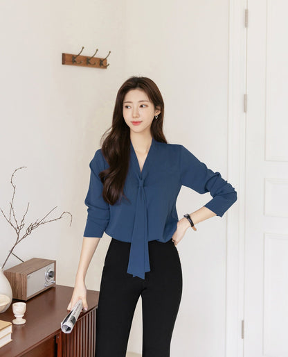 Modern Chic Long Sleeve Tie Neck Blouse / Korean Style Luxury Feminine Women Clothes / Stylish Office Look Top / Everyday Soft Blouse