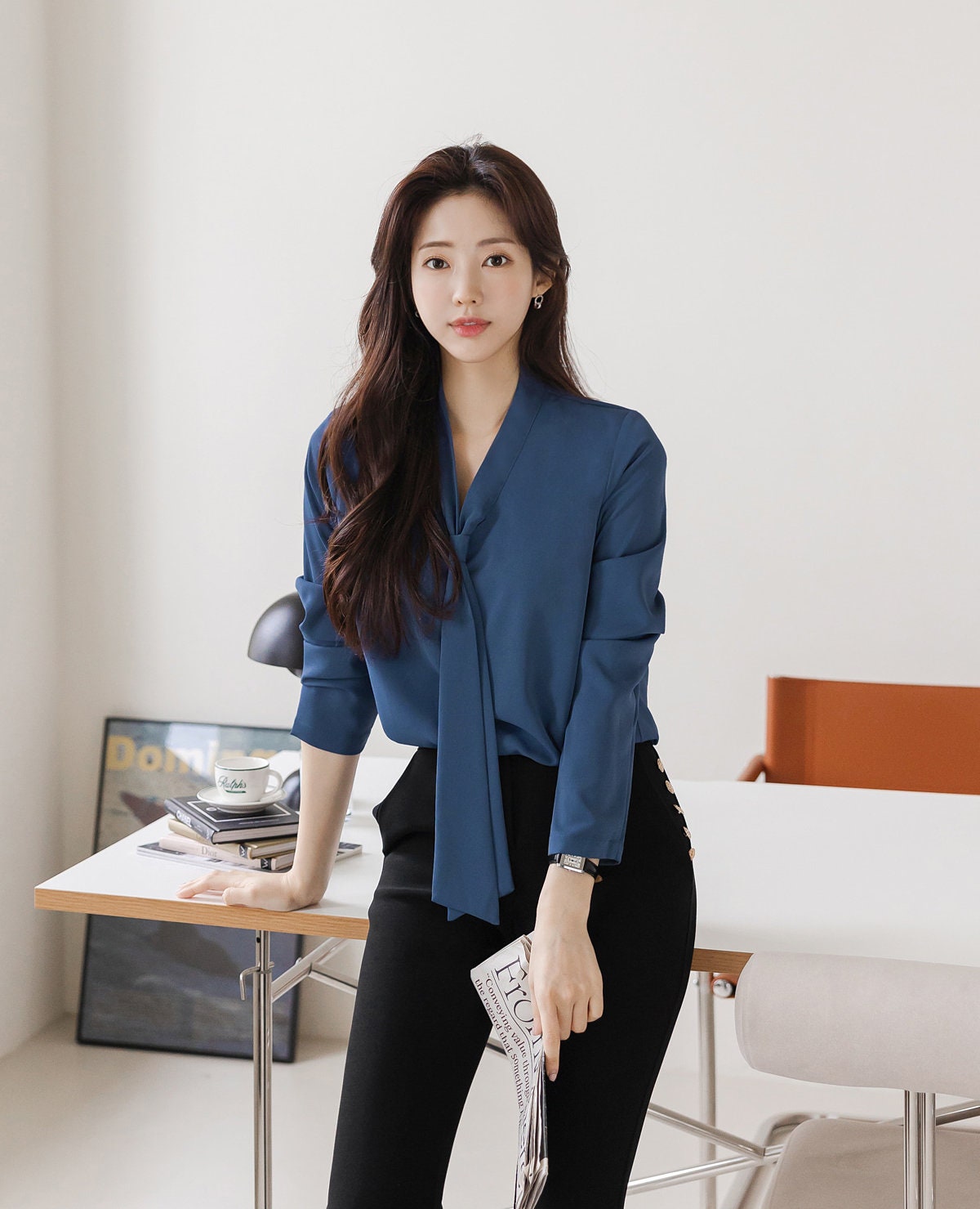 Modern Chic Long Sleeve Tie Neck Blouse / Korean Style Luxury Feminine Women Clothes / Stylish Office Look Top / Everyday Soft Blouse