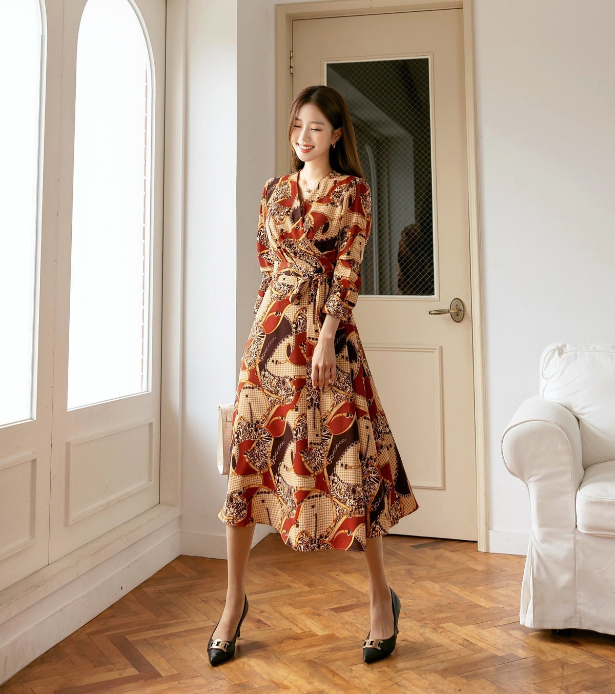 Glamorous Multi-Patterned Wrap Style Dress / Korean Style Women Midi Dress / Elegant Feminin Long Dress