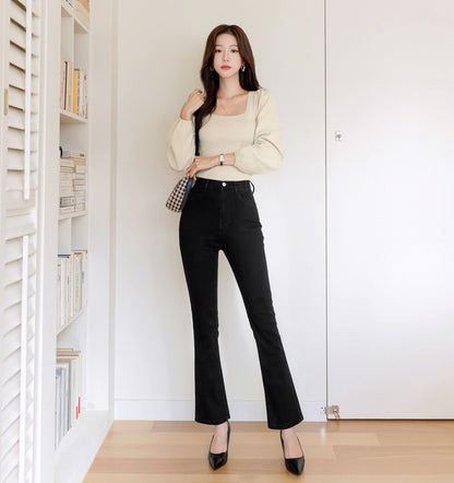 Basic Spandex High-Waisted Slim-Fit Bootcut Black Jeans Pants for Women / Korean Style Elastic Waistband Pants / Comfortable Casual Pants