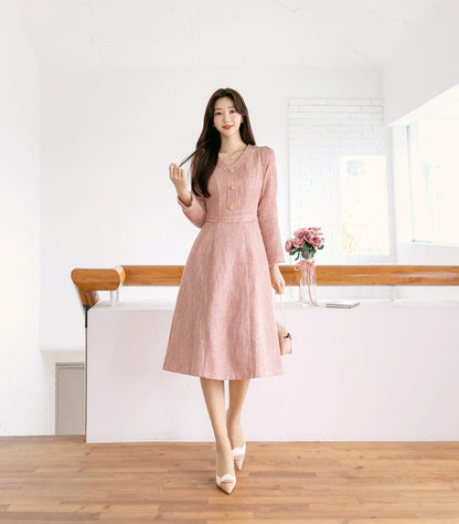 Elegant Feminin V-Neck Tweed Dress / Korean Style Pink Mini Dress / Luxury wear Elegant Party Dress