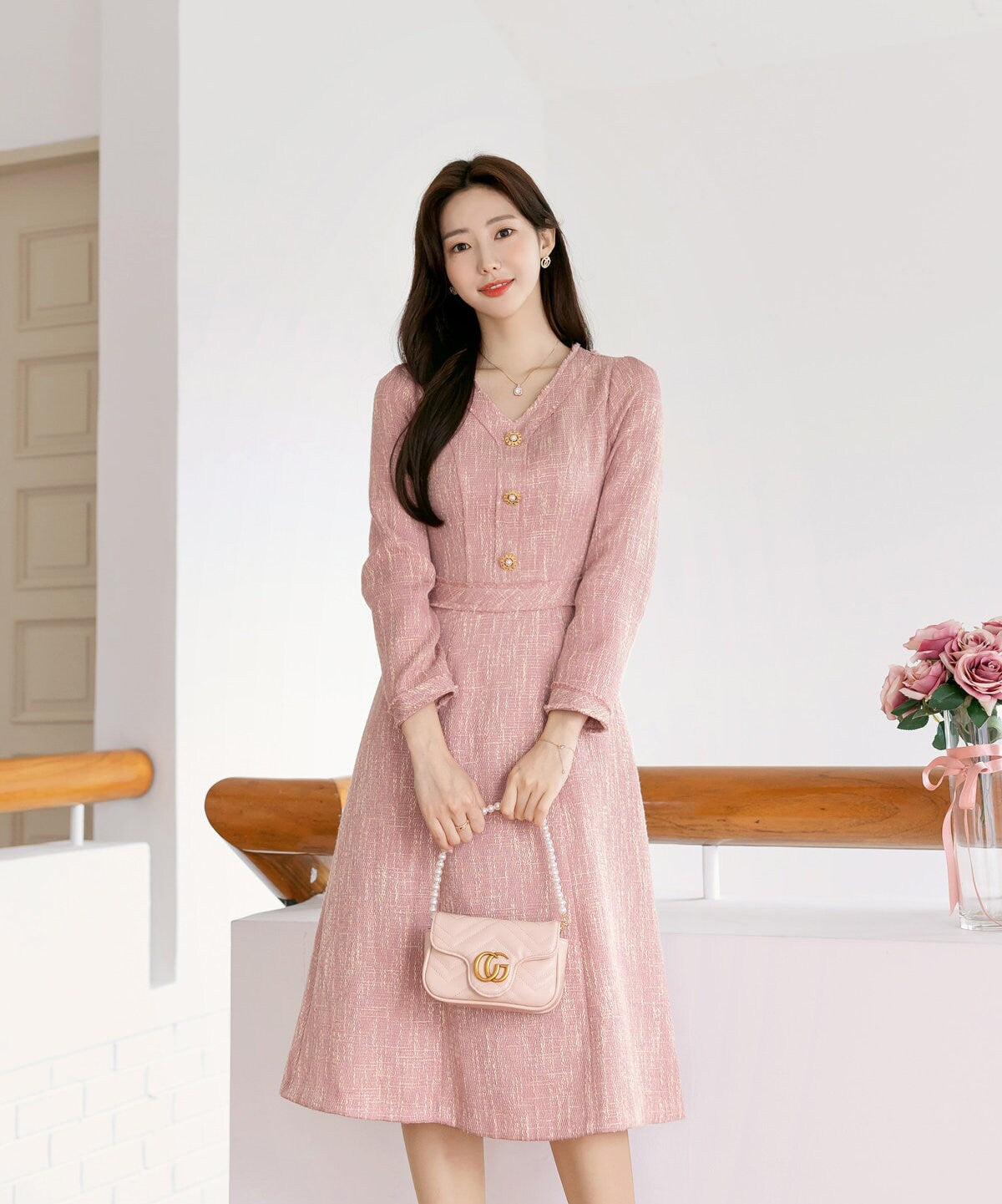 Elegant Feminin V-Neck Tweed Dress / Korean Style Pink Mini Dress / Luxury wear Elegant Party Dress