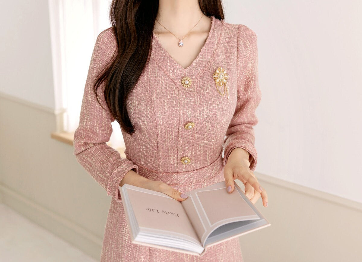 Elegant Feminin V-Neck Tweed Dress / Korean Style Pink Mini Dress / Luxury wear Elegant Party Dress