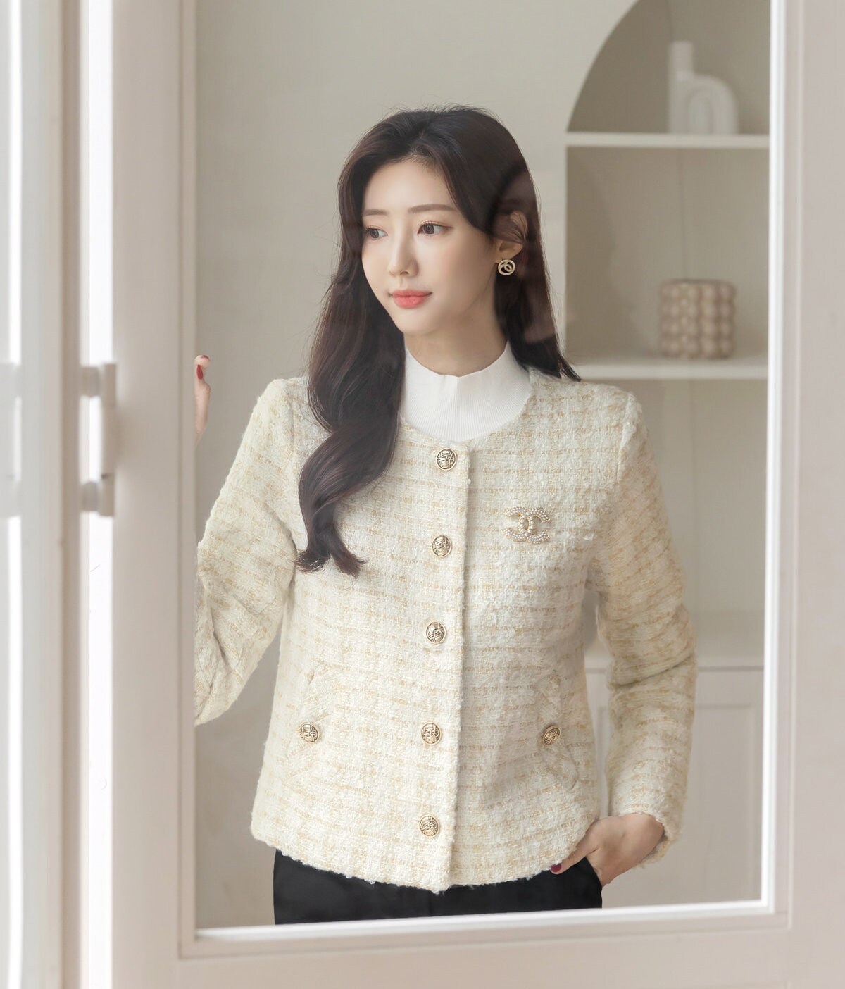 Elegant Warm Tweed Jacket Blazer with Pockets / Korean Style Classic Cardigan Autumn Winter Blazer / Long Sleeve Soft Jacket