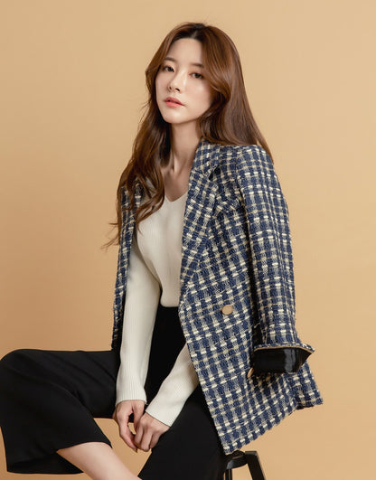 Women Double Breasted Tweed Blazer / Korean Style Tailored Jacket for Women / Gold Button Jacket for Fall Winter