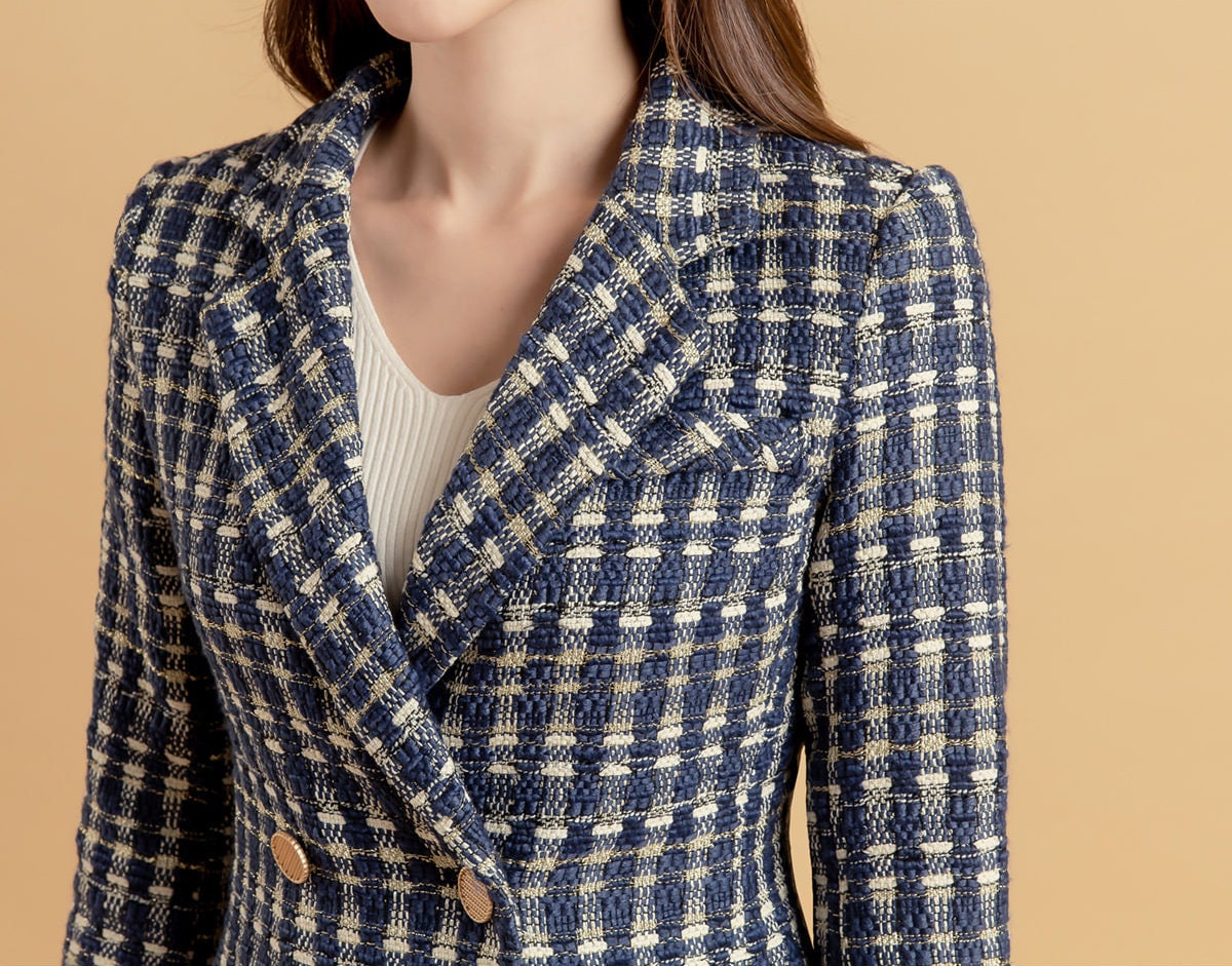 Women Double Breasted Tweed Blazer / Korean Style Tailored Jacket for Women / Gold Button Jacket for Fall Winter