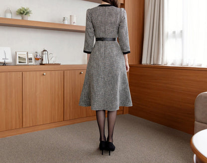 Elegant Feminine Tweed Dress with Belt / Korean Style Lovely Flare Dress / Luxury wear Elegant Dress for Fall Winter