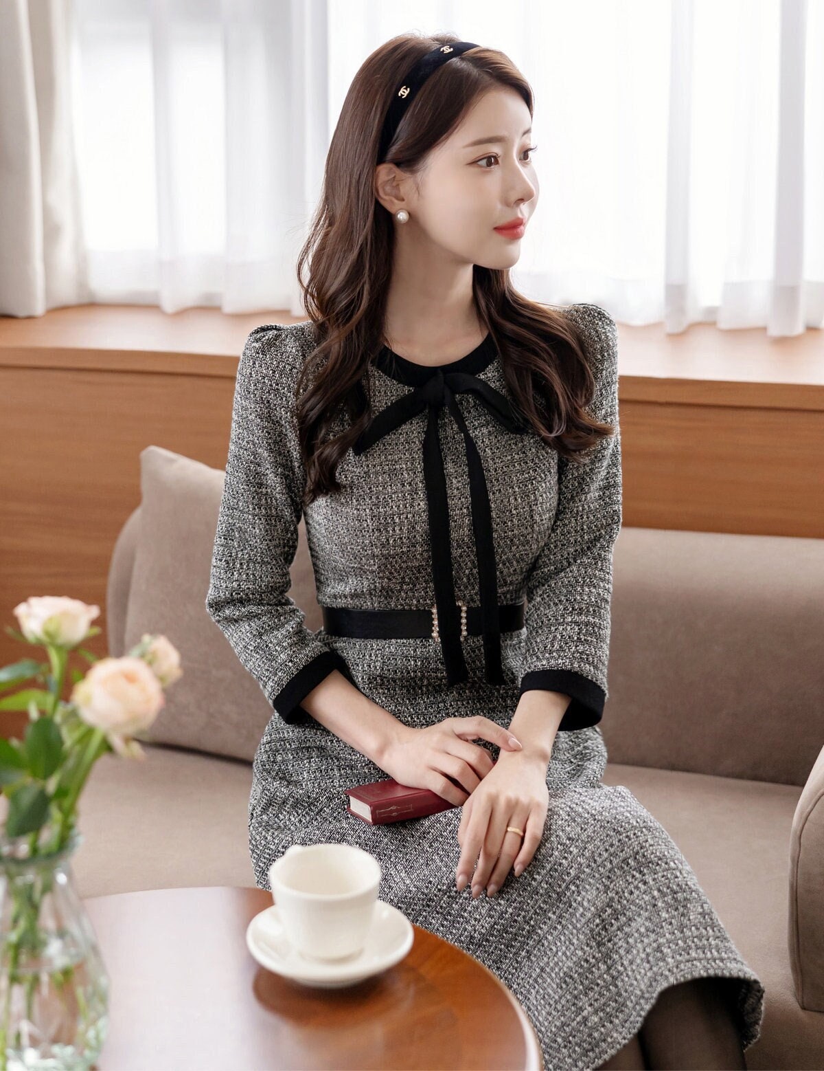 Elegant Feminine Tweed Dress with Belt / Korean Style Lovely Flare Dress / Luxury wear Elegant Dress for Fall Winter