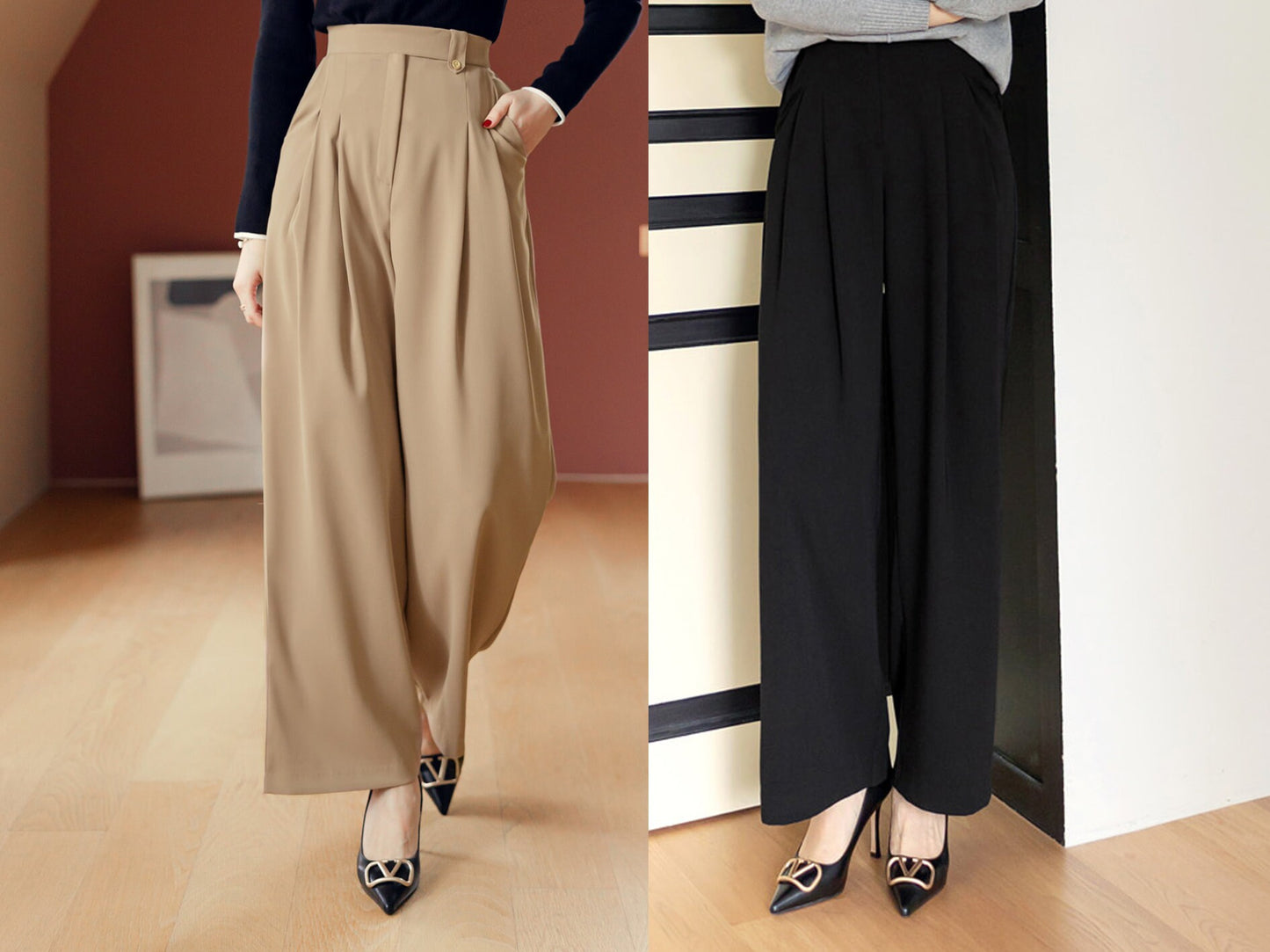 Comfortable Elegant Wide Slacks Pants for Women / Korean Style Women Two Pintuck Wide Slacks / Comfortable Casual Office School Pants