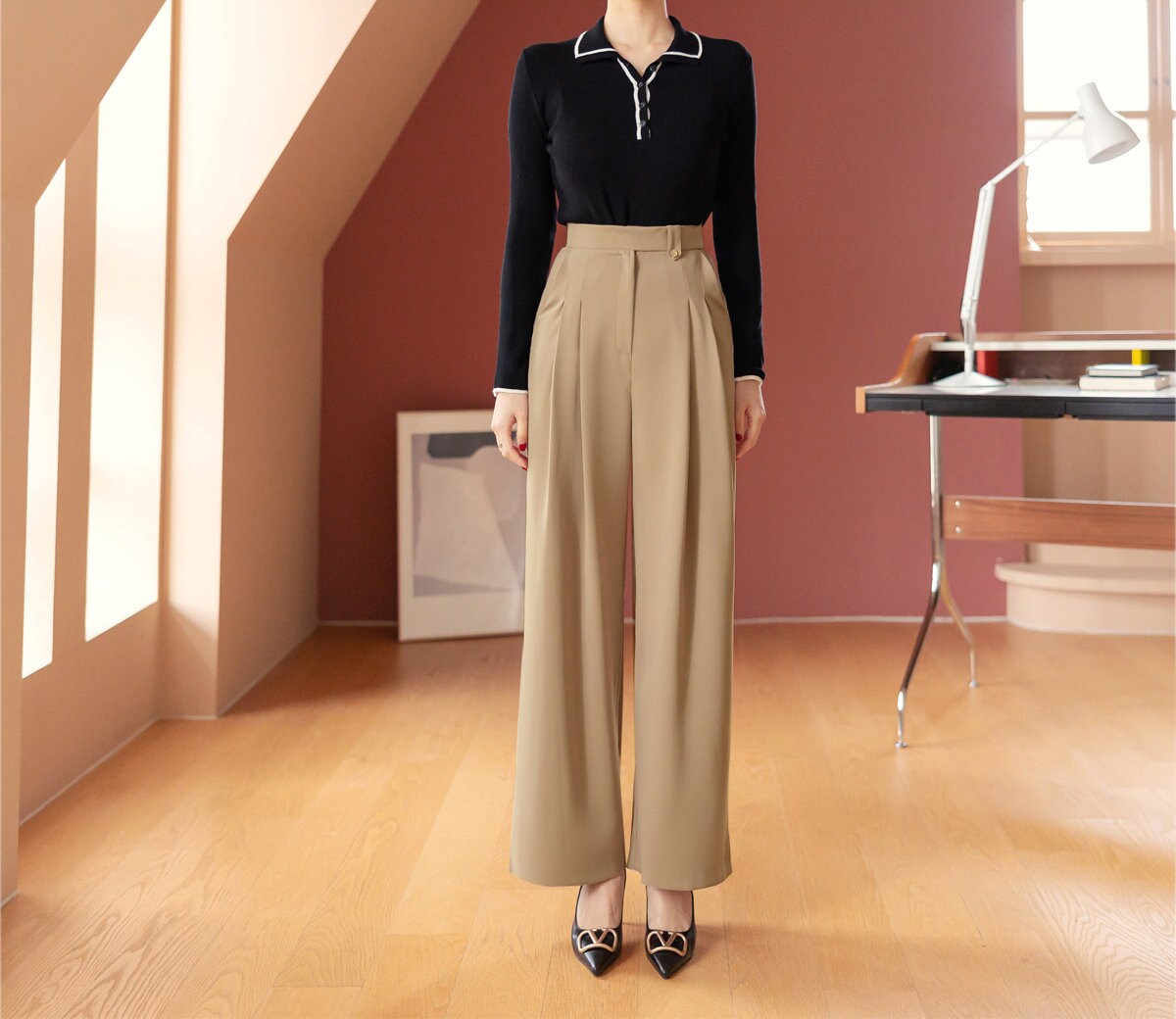 Comfortable Elegant Wide Slacks Pants for Women / Korean Style Women Two Pintuck Wide Slacks / Comfortable Casual Office School Pants