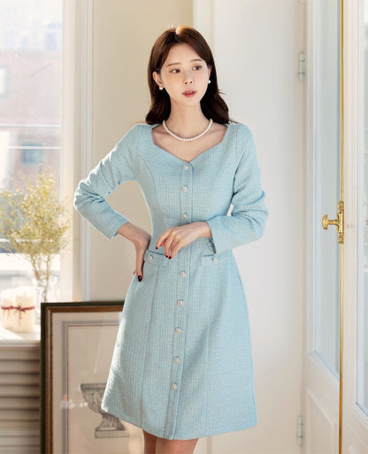 Classic Elegant Tweed Mini Dress with Jewel Button / Korean Style Feminine Dress / Luxury wear Elegant Party Dress