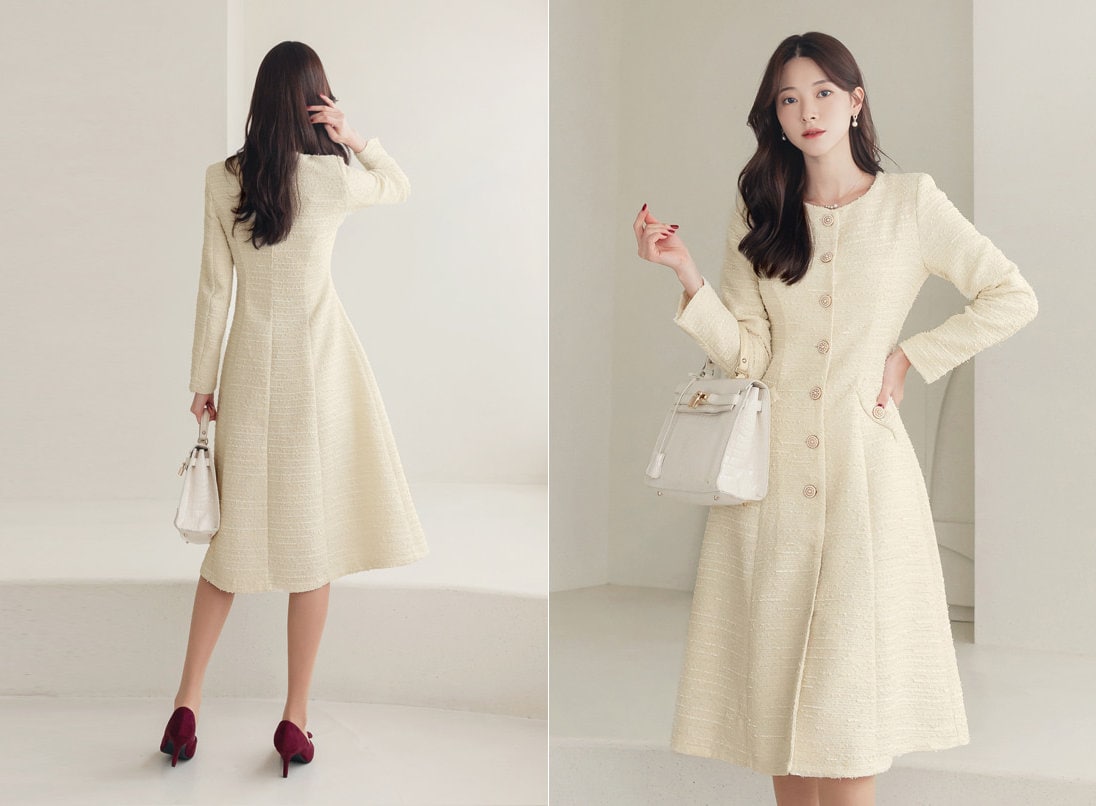 Elegant Feminin Single Button Tweed Dress / Korean Style A-Line Dress / Modern Chic Midi Dress / Jacket Dress