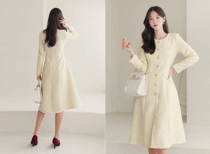 Elegant Feminin Single Button Tweed Dress / Korean Style A-Line Dress / Modern Chic Midi Dress / Jacket Dress