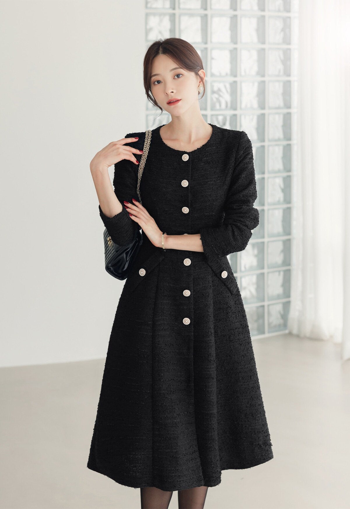 Elegant Feminin Single Button Tweed Dress / Korean Style A-Line Dress / Modern Chic Midi Dress / Jacket Dress