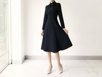 Elegant Feminin Ribbon Tie-Neck Flare Dress / Korean Style Classic Women Dress / Long Sleeve Midi Dress