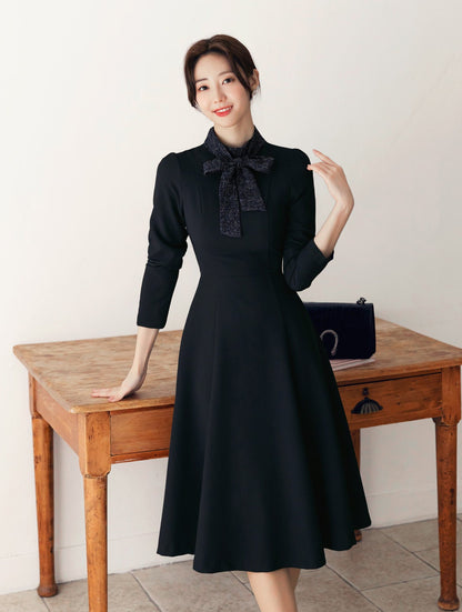 Elegant Feminin Ribbon Tie-Neck Flare Dress / Korean Style Classic Women Dress / Long Sleeve Midi Dress