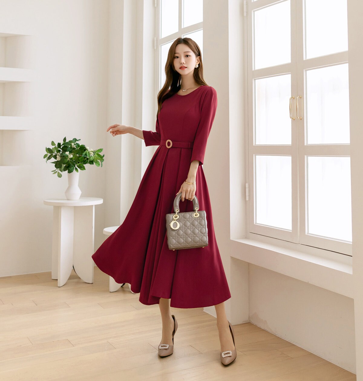 Elegant Boat Neck Flare Dress with Glamorous Belt / Korean Style Feminin Midi Dress / Clasic Simple Flare Dress