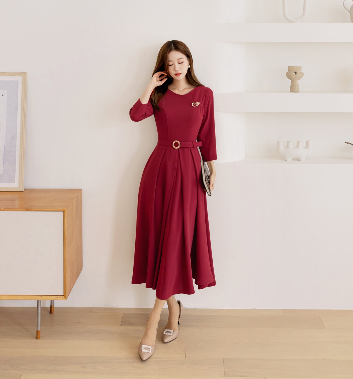 Elegant Boat Neck Flare Dress with Glamorous Belt / Korean Style Feminin Midi Dress / Clasic Simple Flare Dress