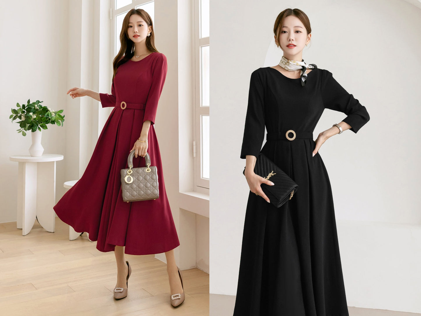 Elegant Boat Neck Flare Dress with Glamorous Belt / Korean Style Feminin Midi Dress / Clasic Simple Flare Dress