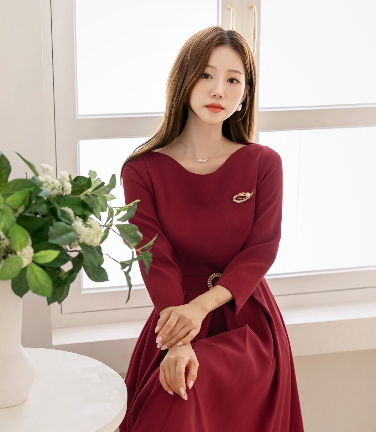 Elegant Boat Neck Flare Dress with Glamorous Belt / Korean Style Feminin Midi Dress / Clasic Simple Flare Dress