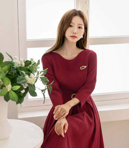 Elegant Boat Neck Flare Dress with Glamorous Belt / Korean Style Feminin Midi Dress / Clasic Simple Flare Dress