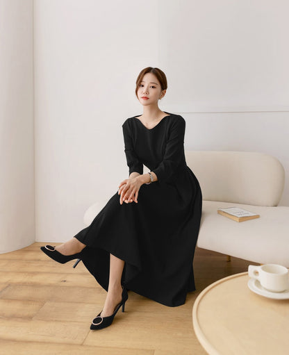 Elegant Boat Neck Flare Dress with Glamorous Belt / Korean Style Feminin Midi Dress / Clasic Simple Flare Dress