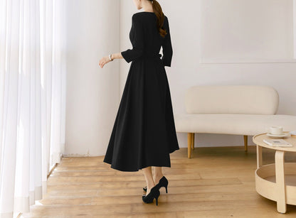 Elegant Boat Neck Flare Dress with Glamorous Belt / Korean Style Feminin Midi Dress / Clasic Simple Flare Dress