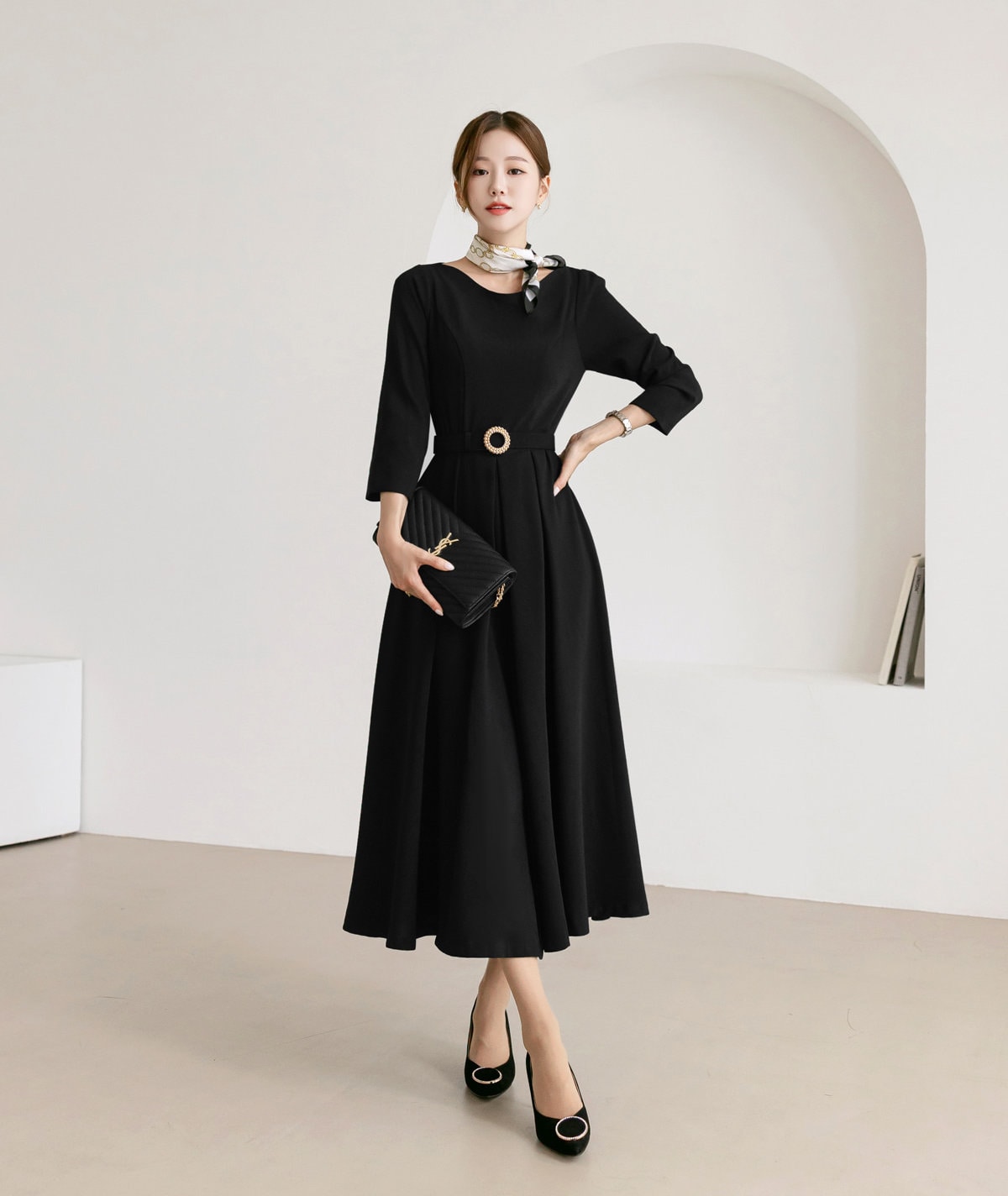 Elegant Boat Neck Flare Dress with Glamorous Belt / Korean Style Feminin Midi Dress / Clasic Simple Flare Dress