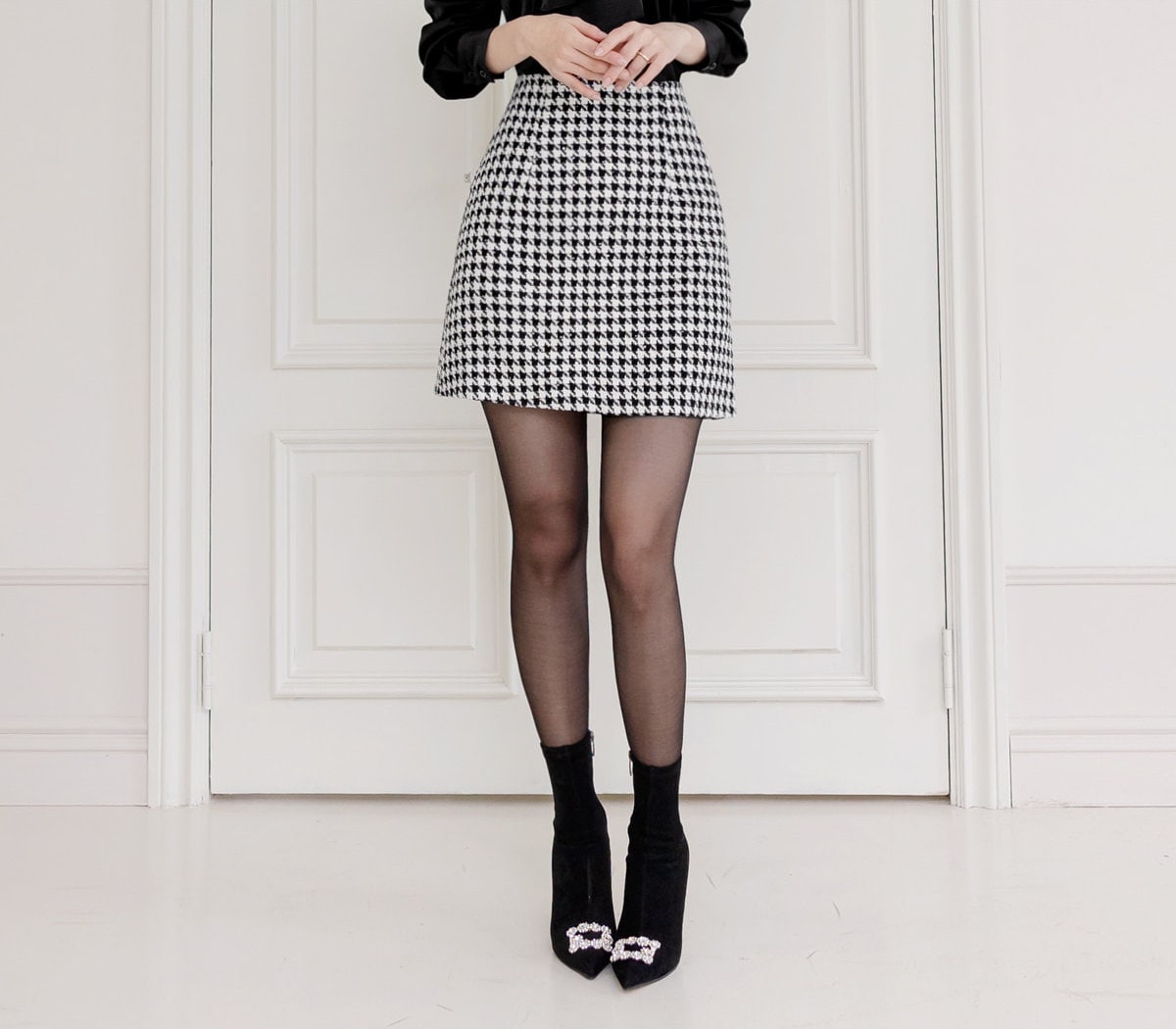 Elegant Feminin Houndstooth Pattern Tweed Mini Skirt / Korean Style Office Look Set Up Skirt / Daily Mini Skirt for Fall to Spring