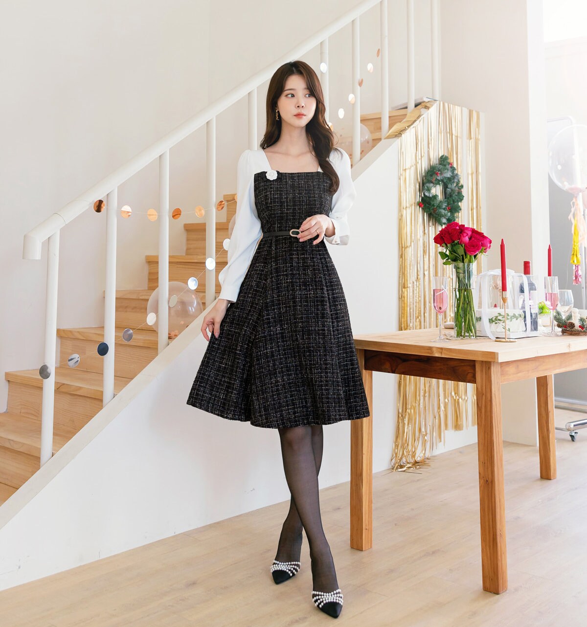 Classic Elegant Layered Tweed Flare Dress with Belt / Korean Style Feminine Mini Dress / Luxury wear Elegant Dress