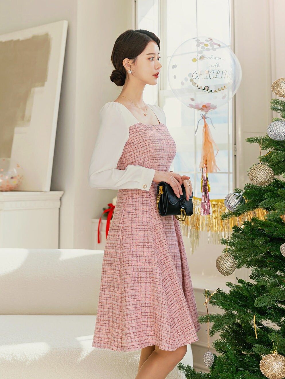 Classic Elegant Layered Tweed Flare Dress with Belt / Korean Style Feminine Mini Dress / Luxury wear Elegant Dress