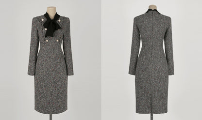 Classic Elegant Ribbon Tie Neck Tweed Dress / Korean Style Simple Mini Dress / Luxury wear Elegant Dress