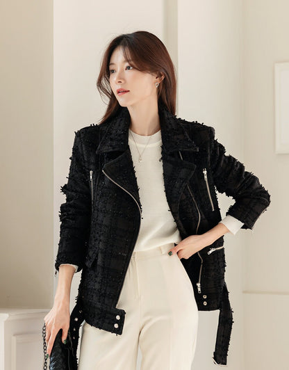 Black Color Tweed Rider Jacket / Korean Style Blouson Jacket for Women / Spring Fall Chic Jacket