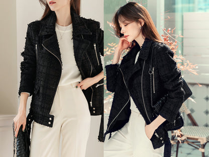 Black Color Tweed Rider Jacket / Korean Style Blouson Jacket for Women / Spring Fall Chic Jacket