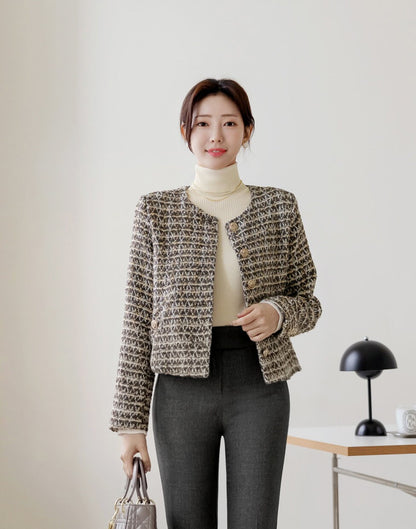 Elegant Warm Tweed Jacket Blazer with Pockets / Korean Style Classic Cardigan Autumn Winter Blazer / Long Sleeve Soft Jacket