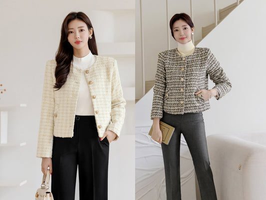 Elegant Warm Tweed Jacket Blazer with Pockets / Korean Style Classic Cardigan Autumn Winter Blazer / Long Sleeve Soft Jacket