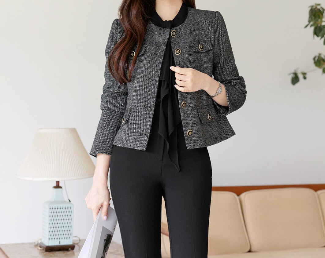 Elegant Classic Tweed Jacket Blazer for Women / Korean Style Classic Cardigan Autumn Winter Blazer / Long Sleeve Soft Jacket