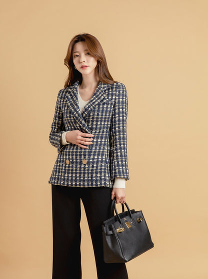 Women Double Breasted Tweed Blazer / Korean Style Tailored Jacket for Women / Gold Button Jacket for Fall Winter