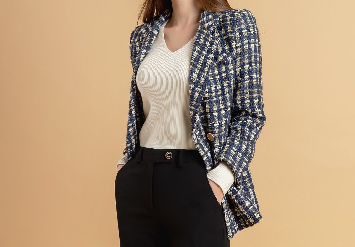 Women Double Breasted Tweed Blazer / Korean Style Tailored Jacket for Women / Gold Button Jacket for Fall Winter