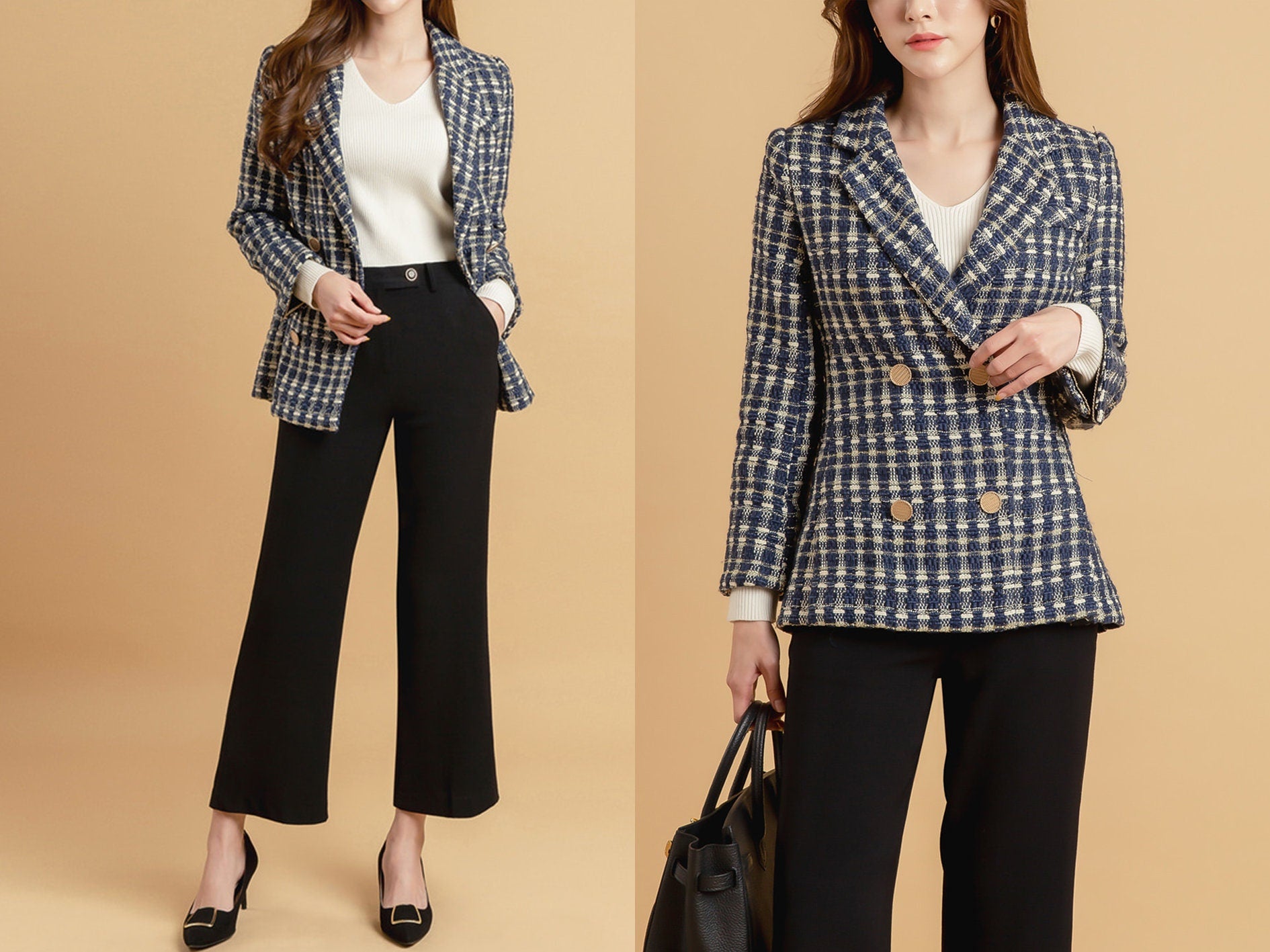 Women Double Breasted Tweed Blazer / Korean Style Tailored Jacket for Women / Gold Button Jacket for Fall Winter