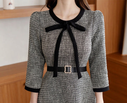 Elegant Feminine Tweed Dress with Belt / Korean Style Lovely Flare Dress / Luxury wear Elegant Dress for Fall Winter