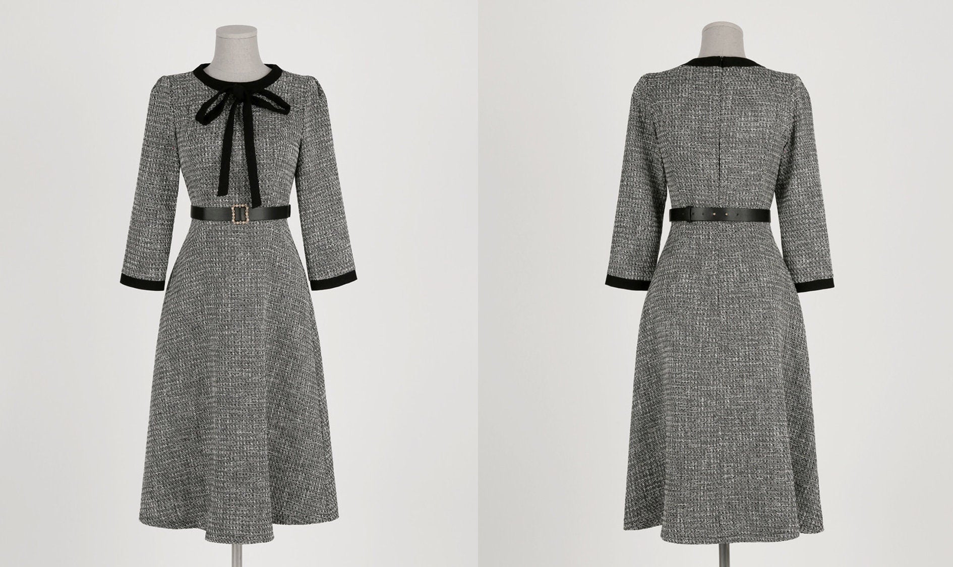 Elegant Feminine Tweed Dress with Belt / Korean Style Lovely Flare Dress / Luxury wear Elegant Dress for Fall Winter