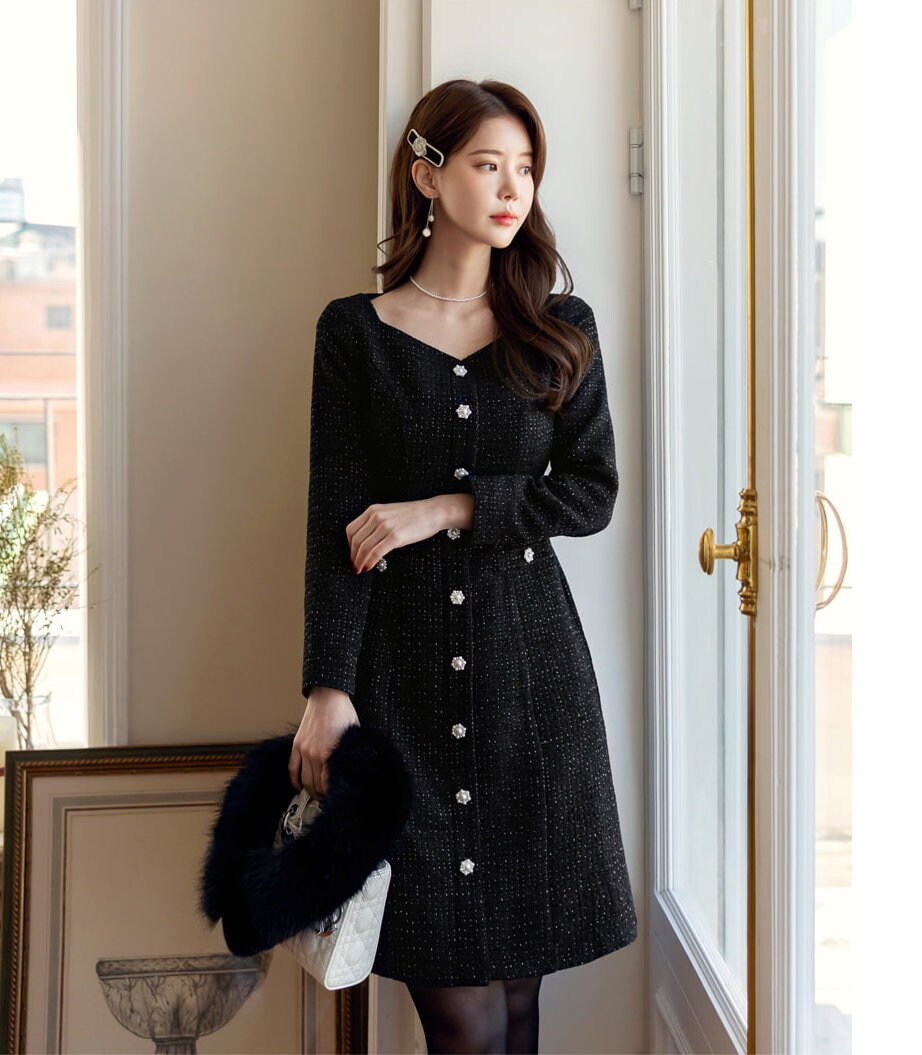 Classic Elegant Tweed Mini Dress with Jewel Button / Korean Style Feminine Dress / Luxury wear Elegant Party Dress