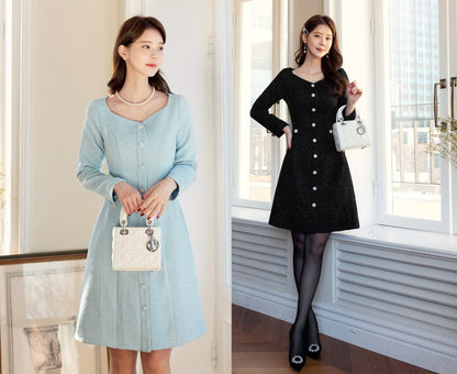 Classic Elegant Tweed Mini Dress with Jewel Button / Korean Style Feminine Dress / Luxury wear Elegant Party Dress