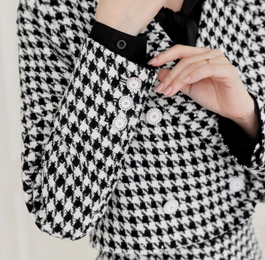 Elegant Houndstooth Pattern Tweed Crop Jacket Blazer for Fall Winter / Korean Style Classic Set up Jacket / Luxury wear Soft Jacket