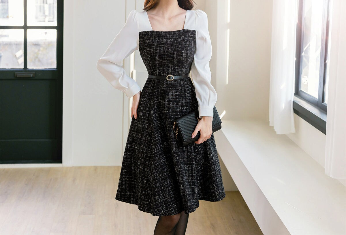 Classic Elegant Layered Tweed Flare Dress with Belt / Korean Style Feminine Mini Dress / Luxury wear Elegant Dress